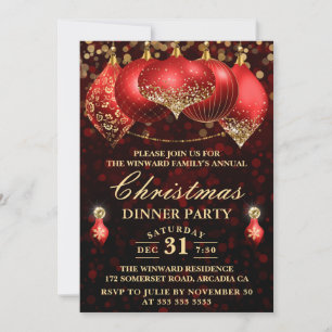 Elegant Red & Gold Baubles Christmas Dinner Party Invitation
