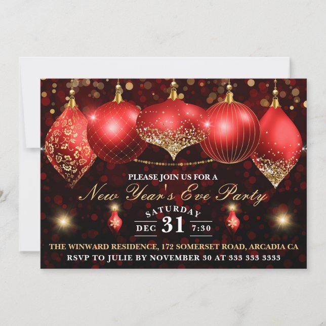 Elegant Red & Gold Baubles New Year's Eve Invitation (Front)