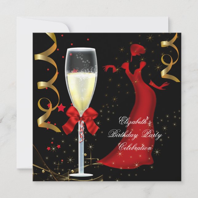 Elegant Red Gold Black Birthday Party Champagne Invitation (Front)