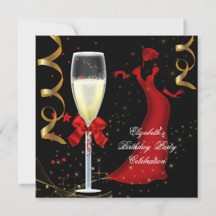 Elegant Red Gold Black Birthday Party Champagne Invitation