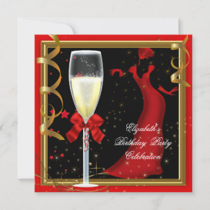 Elegant Red Gold Black Birthday Party Champagne Invitation