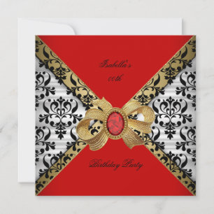 Elegant Red Gold Black White Damask Diamond Party Invitation