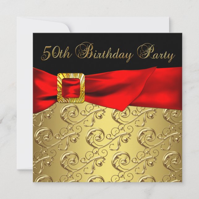 Elegant Red Gold Black Womans 50th Birthday Party Invitation (Front)
