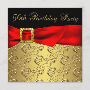 Elegant Red Gold Black Womans 50th Birthday Party Invitation