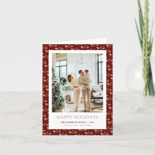 Elegant Red Gold Botanical Photo Holiday Card