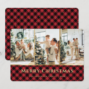 Elegant Red Gold Buffalo Plaid Photo Christmas Holiday Card