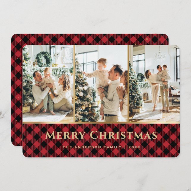 Elegant Red Gold Buffalo Plaid Photo Christmas Holiday Card (Front/Back)