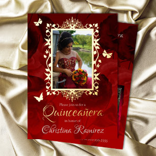 Elegant Red, Gold Butterflies Quinceanera