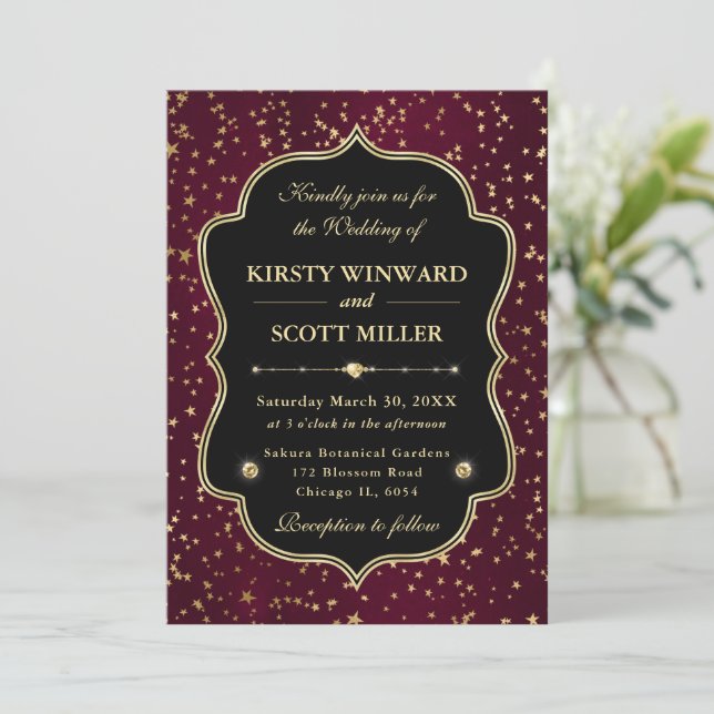 Elegant Red & Gold Celestial Starry Wedding Invitation (Standing Front)