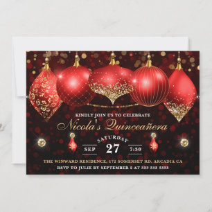 Elegant Red & Gold Christmas Baubles Quinceanera Invitation