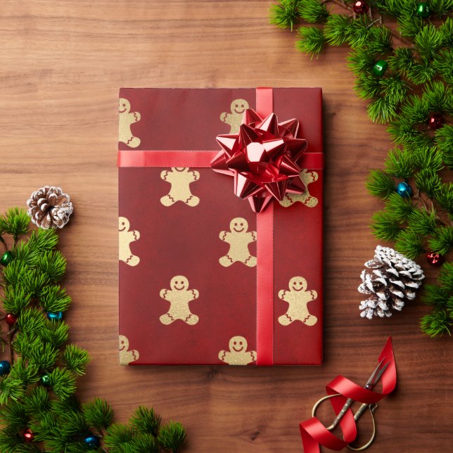Elegant red gold Christmas gingerbread man pattern Wrapping Paper (Holiday Gift)