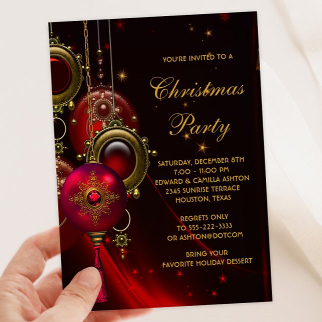 Elegant Red Gold Christmas Holiday Party Invitation (Beautiful red gold ornaments Christmas party invitation. Available for instant download and print.)
