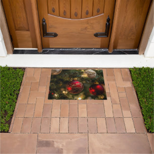 Elegant Red Gold Christmas Holiday Tree Doormat
