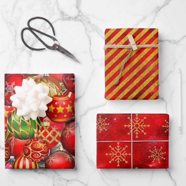 Elegant red gold Christmas ornaments holidays Wrapping Paper Sheet (Front)