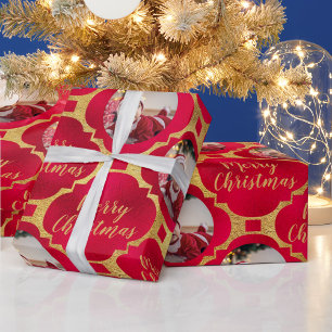 Elegant Red & Gold Christmas Pattern Baby Photo Wrapping Paper