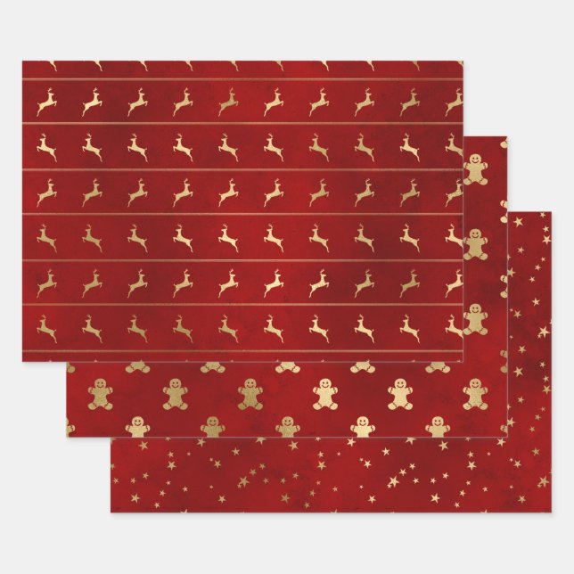 Elegant red & gold Christmas patterns  Wrapping Paper Sheet (Set)
