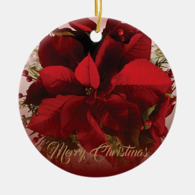 Elegant Red & Gold Christmas Poinsettia Ceramic Ornament (Front)