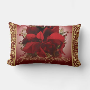 Elegant Red & Gold Christmas Poinsettia Lumbar Cushion