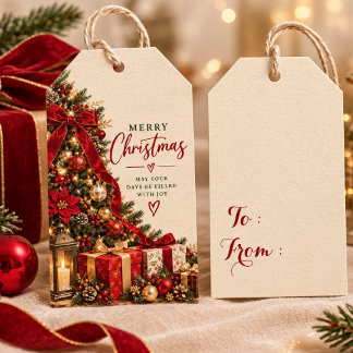 Elegant Red Gold Christmas Tree Holiday Greeting Gift Tags