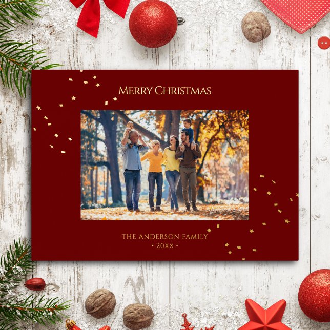 Elegant Red & Gold Confetti Merry Christmas Photo Foil Holiday Card (Creator Uploaded)