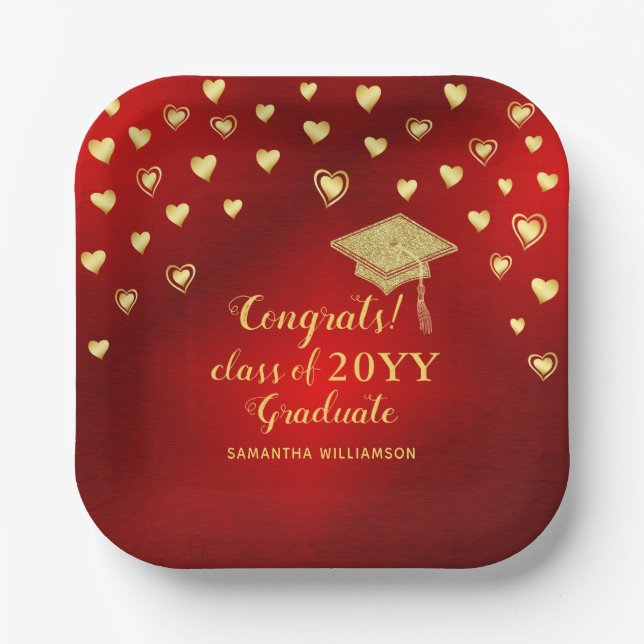 Elegant Red Gold Congrats Class of 2025 Graduate Paper Plate (Front)