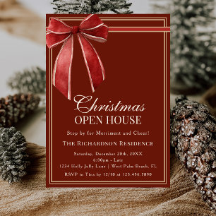 Elegant Red Gold Coquette Bow Christmas Open House Invitation