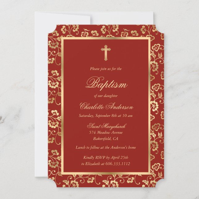 Elegant Red Gold Cross Script Floral Girl Baptism Invitation (Front)