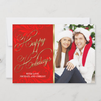 Elegant Red Gold Damask Christmas Photo Card