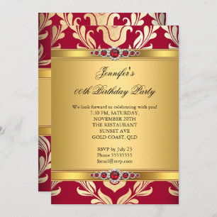 Elegant Red Gold Damask Pearl Birthday Party Invitation
