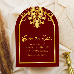 Elegant Red Gold Damask Wedding Photo Save The Date