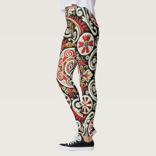 Elegant Red & Gold Embroidered Women's Leggings