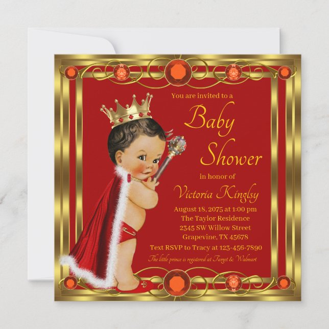 Elegant Red Gold Ethnic Prince Jewel Baby Shower Invitation (Front)