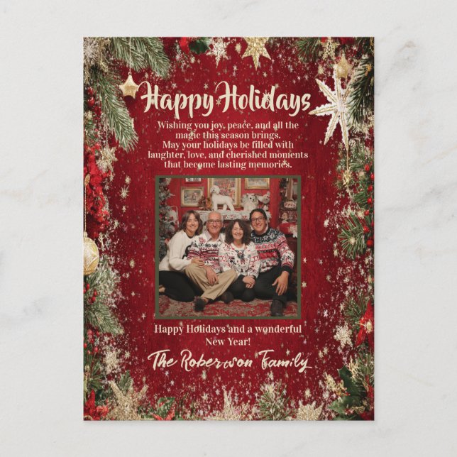 Elegant Red & Gold Family Photo Holiday Postcard (Front)