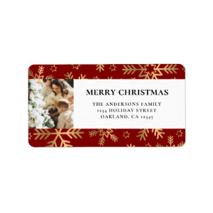 Elegant Red Gold Family Photo Merry Christmas Label