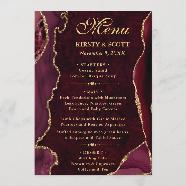 Elegant Red & Gold Faux Glitter Agate Wedding Menu (Front)