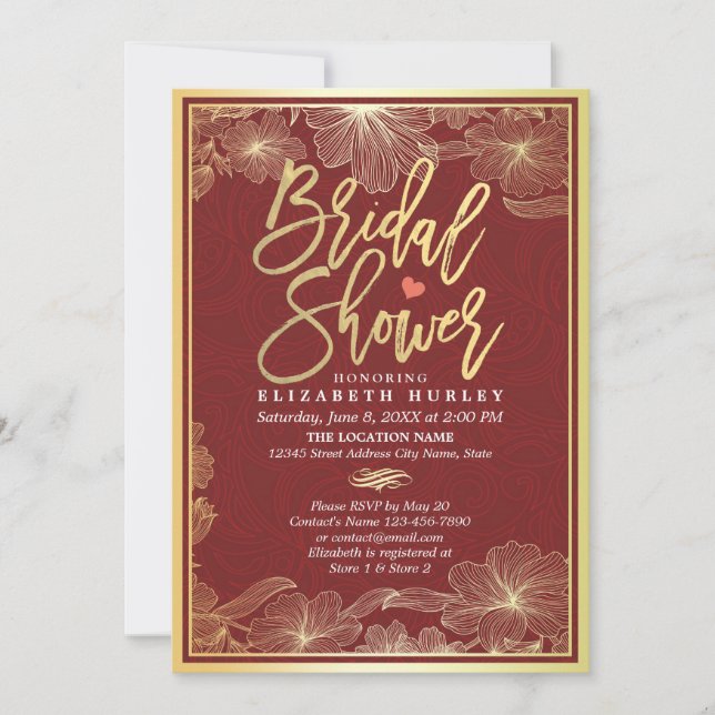 Elegant Red & Gold Floral Bridal Shower Invitation (Front)