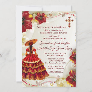 Elegant Red Gold Floral Charra Quinceanera  Invitation