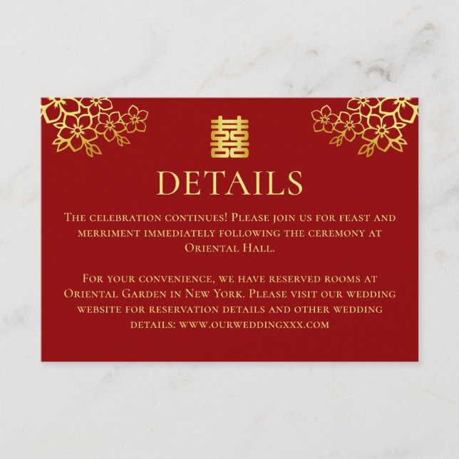 Elegant red gold floral Chinese wedding details Enclosure Card (Front)
