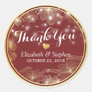 Elegant Red & Gold Floral Frame Wedding Thank You Classic Round Sticker