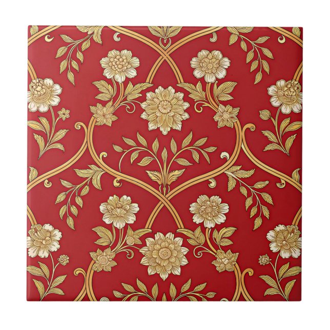 Elegant Red Gold Floral Lattice (1) Ceramic Tile (Front)