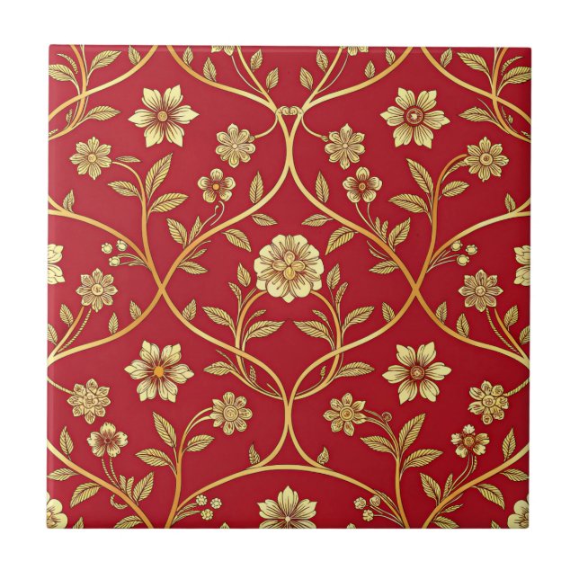 Elegant Red Gold Floral Lattice (2) Ceramic Tile (Front)