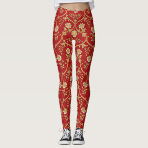 Elegant Red Gold Floral Lattice Leggings