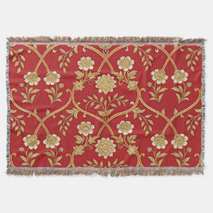 Elegant Red Gold Floral Lattice Throw Blanket
