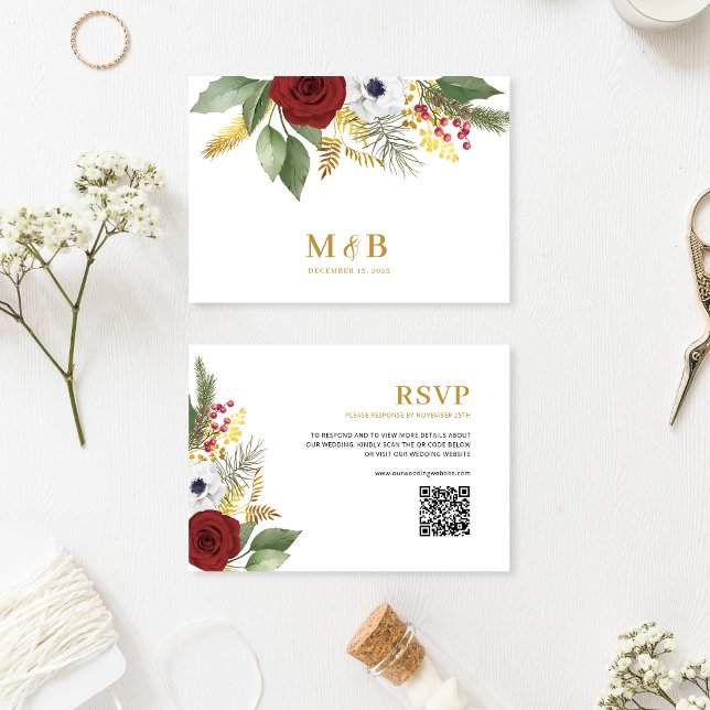 Elegant Red Gold Floral Monogram QR Code Wedding RSVP Card (Creator Uploaded)
