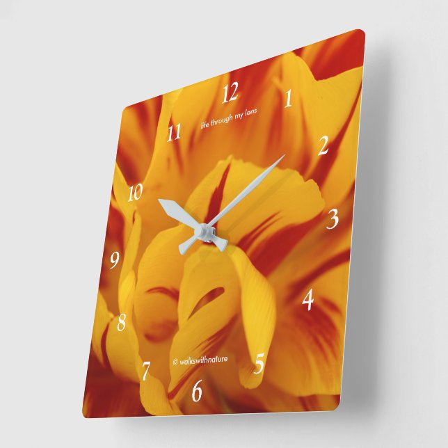 Elegant Red Gold Floral Monsella Tulip Square Wall Clock (Angle)