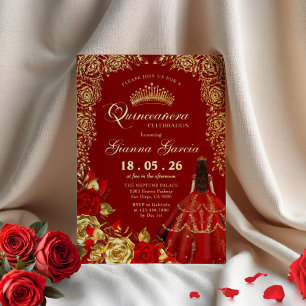 Elegant Red Gold Floral Quinceanera Party  Foil In