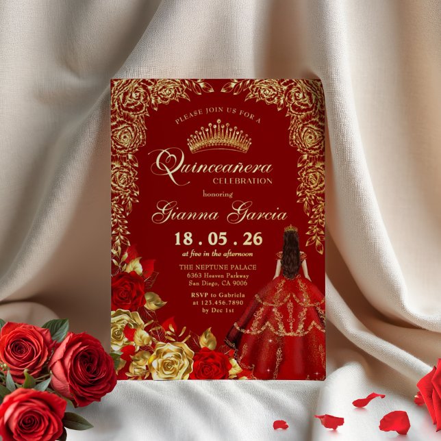 Elegant Red Gold Floral Quinceanera Party  Foil In (Creator Uploaded)