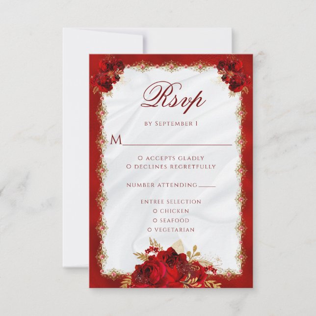 Elegant Red Gold Floral Roses Entree Wedding RSVP Card (Front)