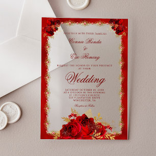 Elegant Red Gold Floral Roses Formal Wedding Acrylic Invitations