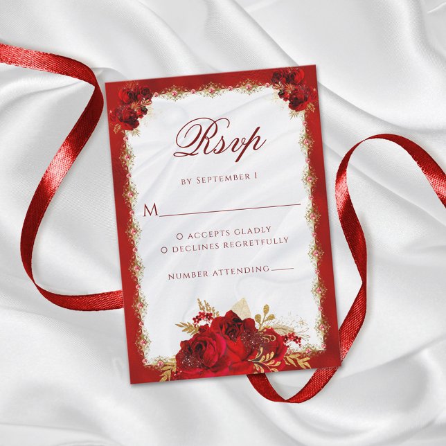 Elegant Red Gold Floral Roses Wedding RSVP Card (Creator Uploaded)